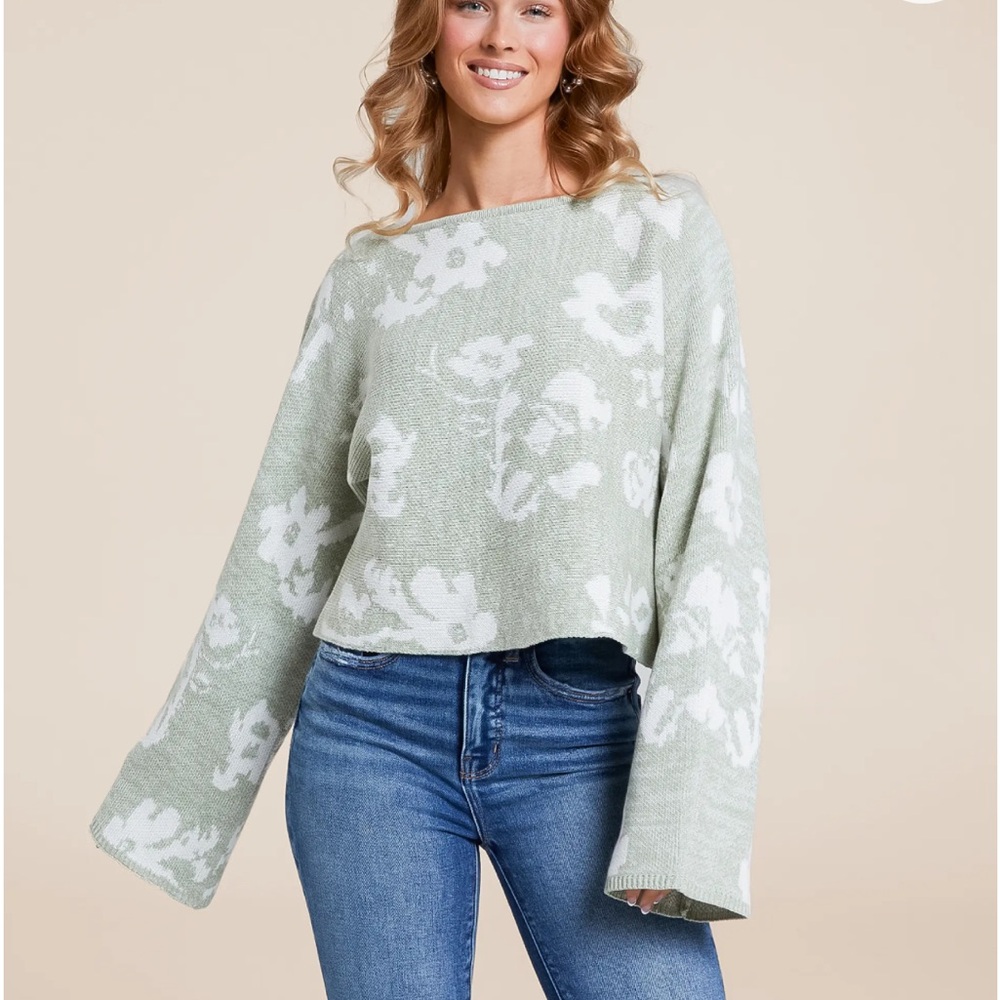 Sage Green Floral Long Sleeve Sweater Top XS - Buckle Willow & Root